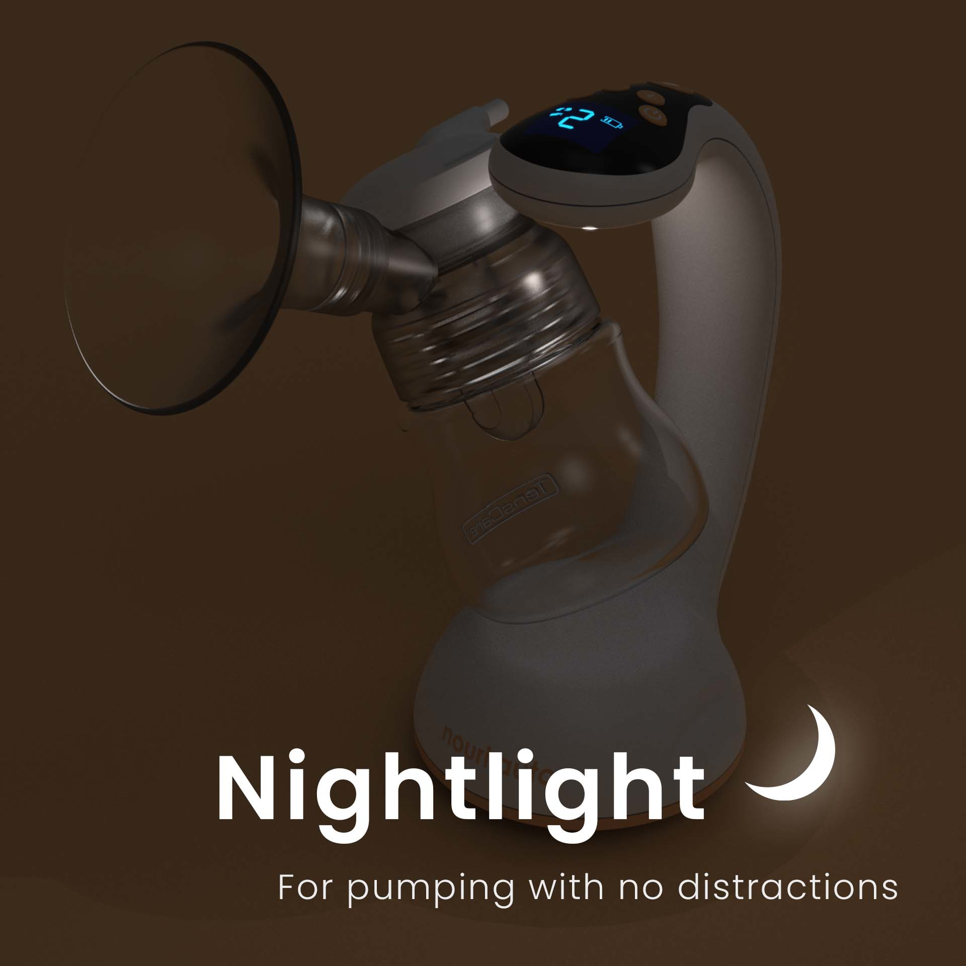 Nouri Auto breast pump lit in the dark, showing its nightlight for pumping with no distractions