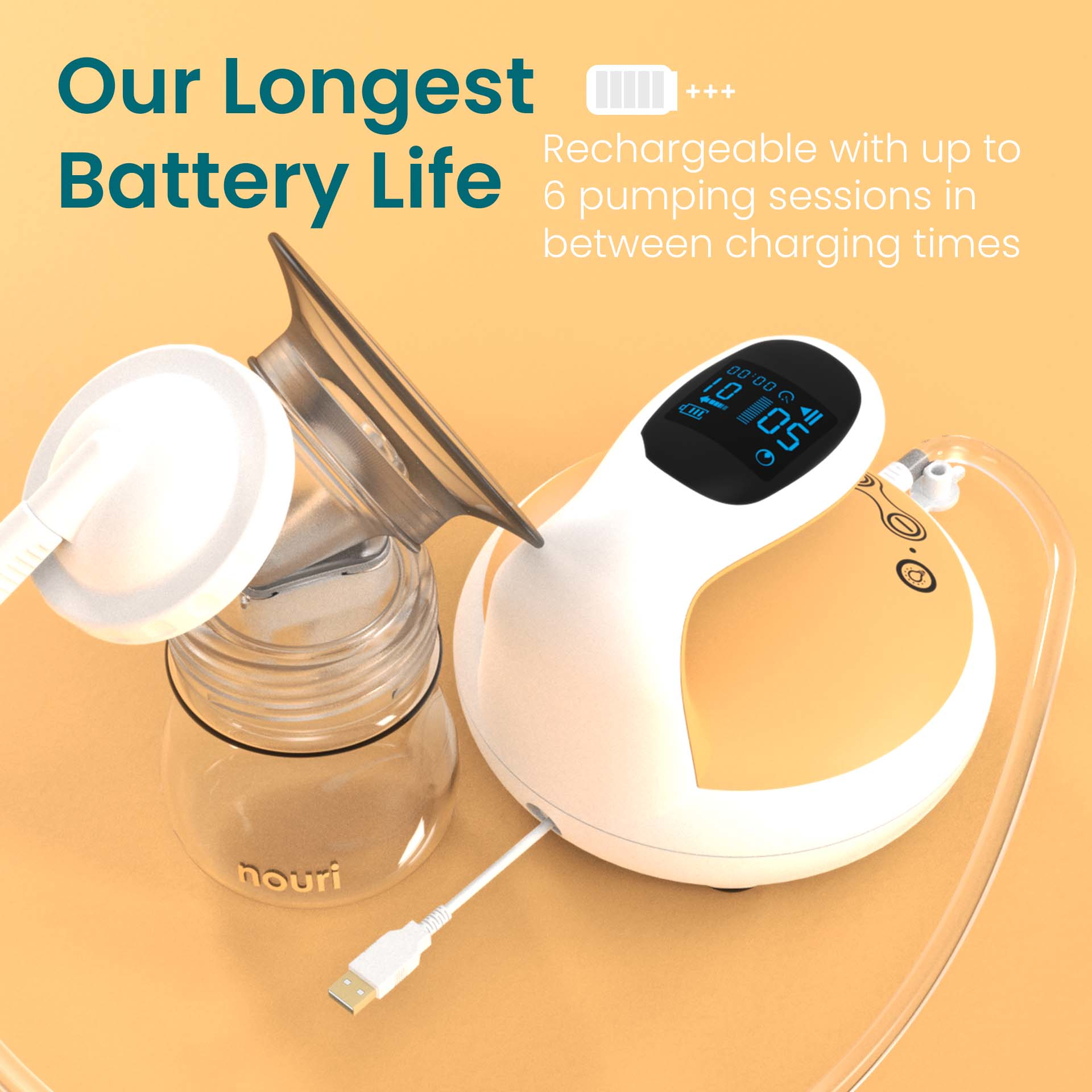 Nouri Duo pump with charging cable, rechargeable for up to 6 pumping sessions