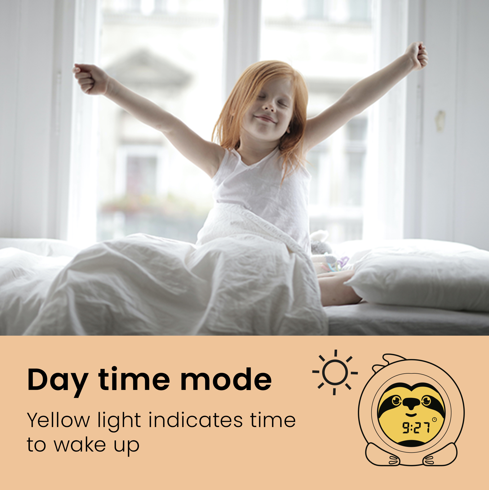 Girl waking up and stretching; day time mode, yellow light indicates time to wake up