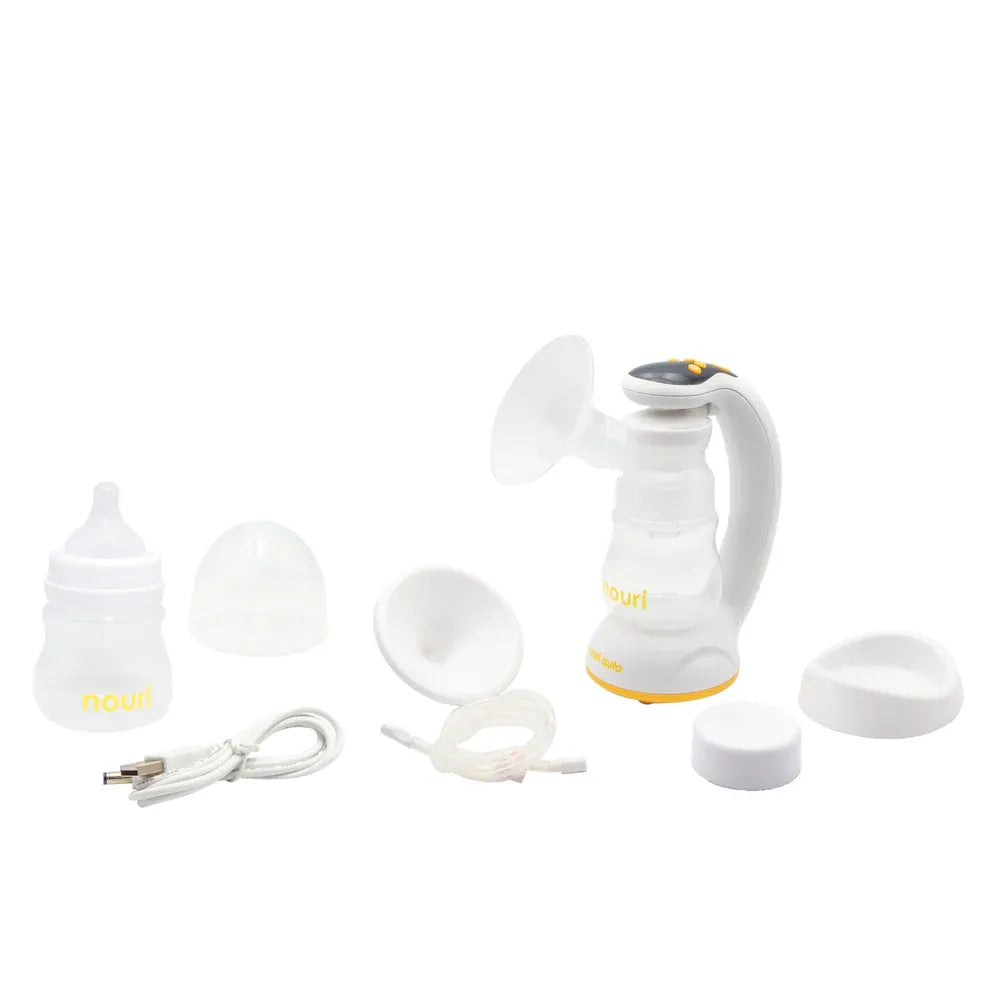 Full Nouri Auto kit: pump, bottle, breast shields, tubing, USB cable, lids and storage caps