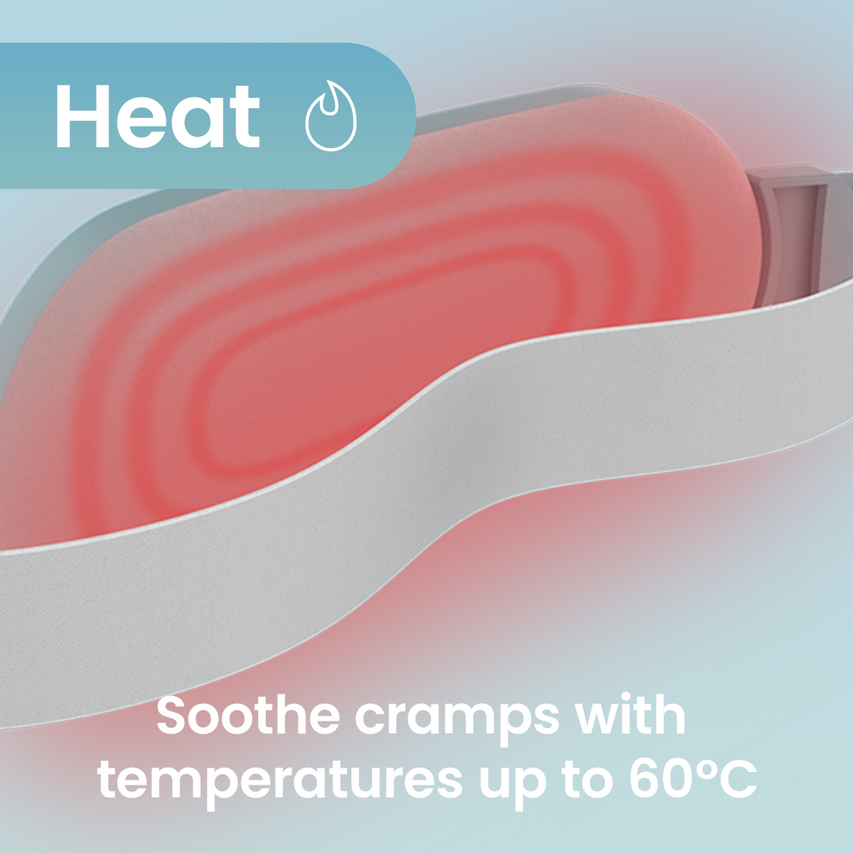 Ova Therma belt glowing red, soothing cramps with temperatures up to 60 degrees Celsius