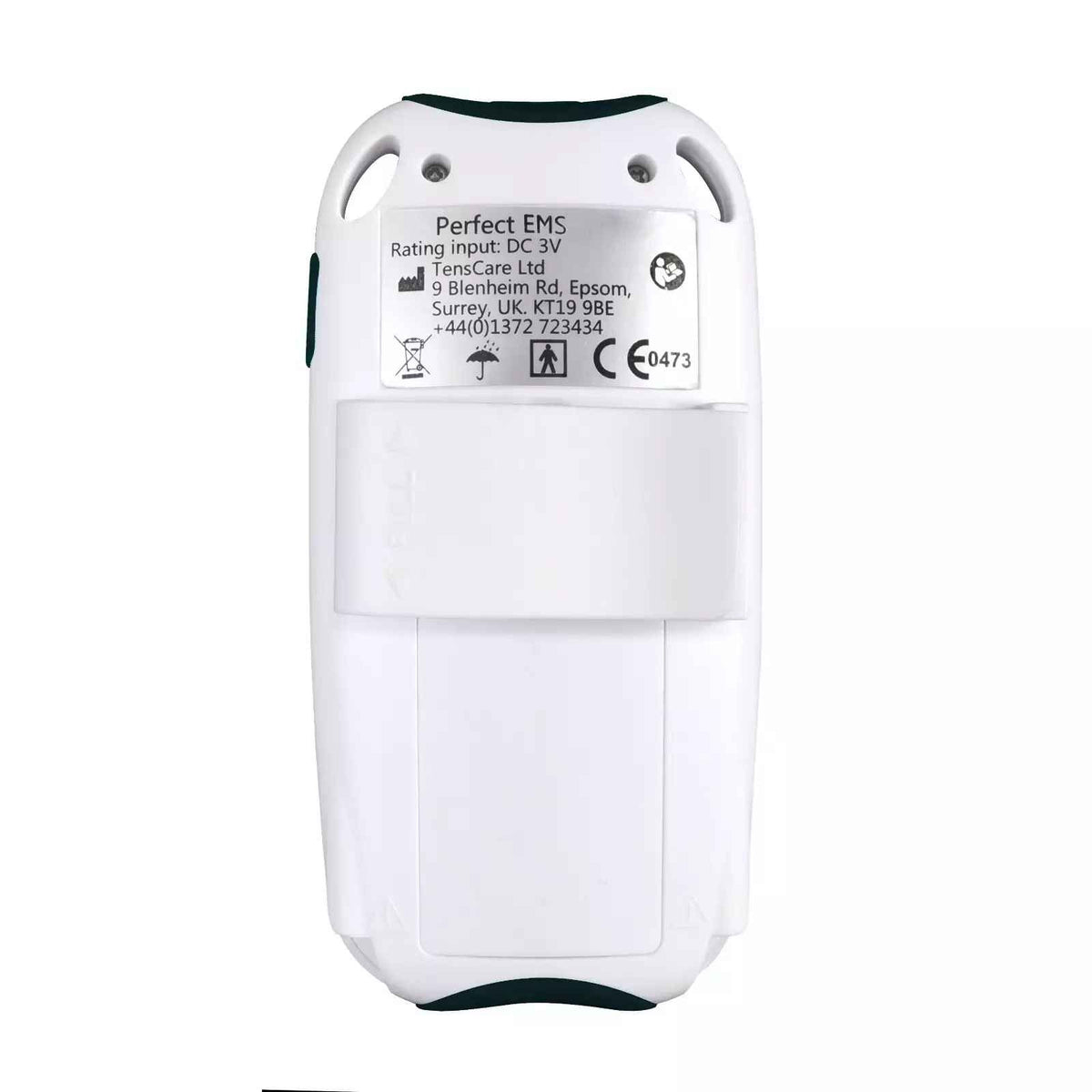 TensCare Perfect EMS unit, reverse showing the rating label