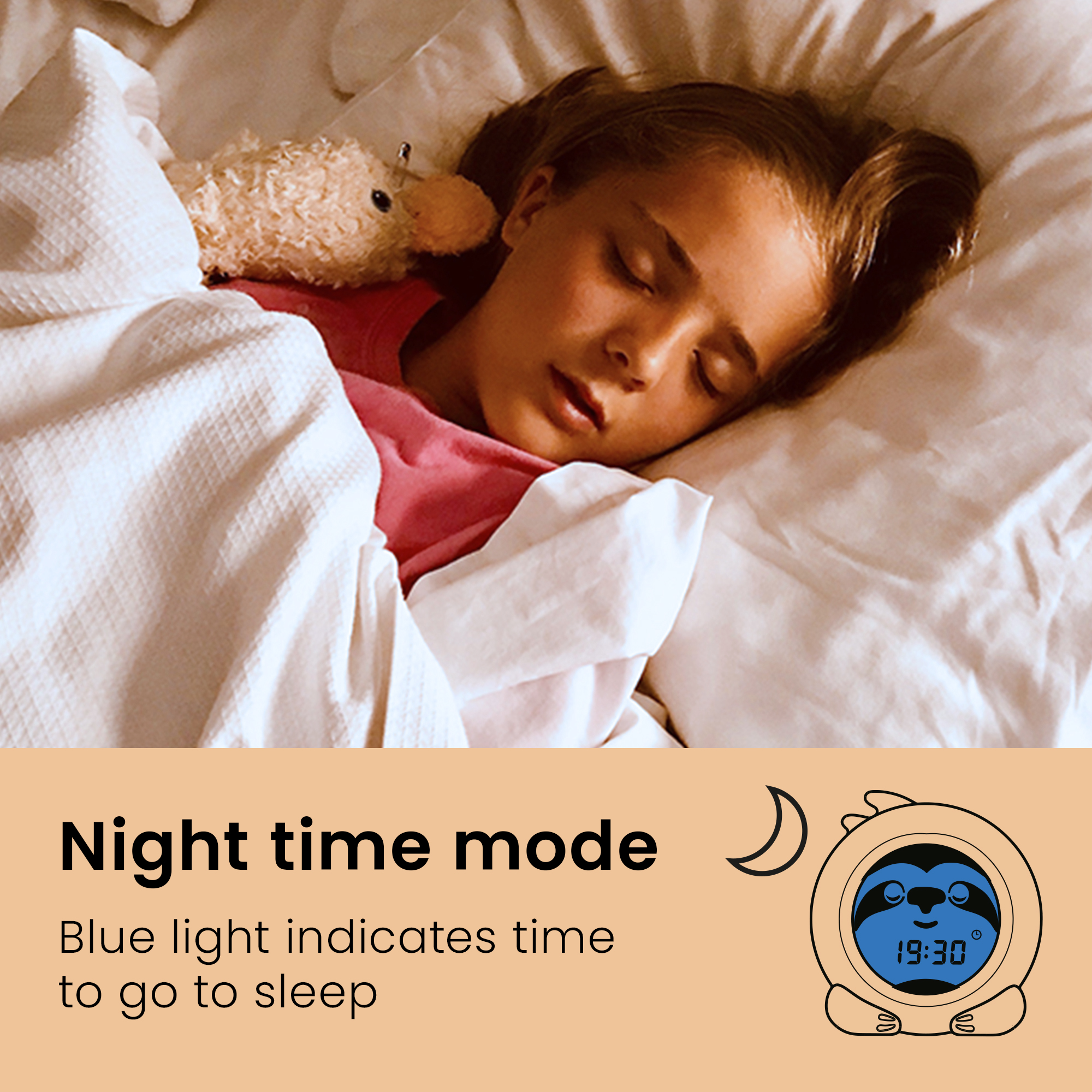 Child asleep in bed; night time mode, blue light indicates time to go to sleep