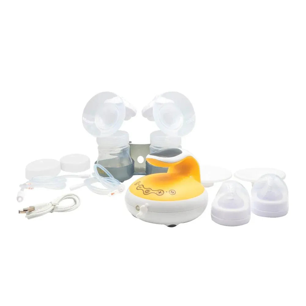 Full Nouri Duo kit: pump, two bottles, breast shields, tubing, USB cable, lids and storage caps