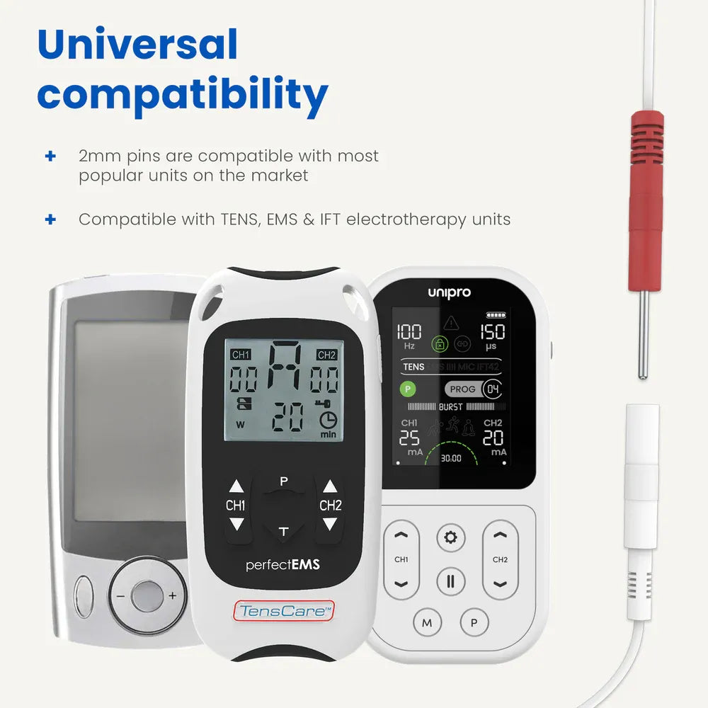 TensCare knee pain electrode lead wire shown with compatible perfect EMS and Unipro TENS units