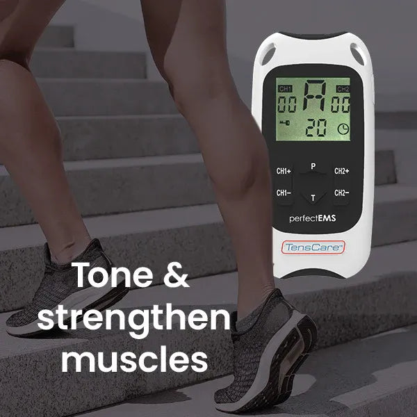 Perfect EMS unit held beside a runner's legs, captioned tone and strengthen muscles