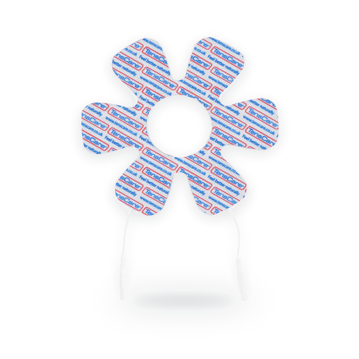 TensCare flower-shaped joint electrode pad with a central opening and lead wires