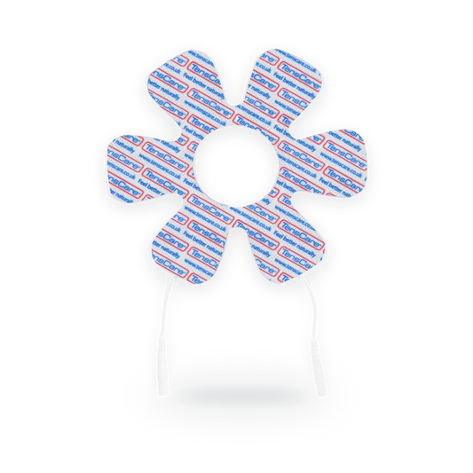 TensCare flower-shaped joint electrode pad with a central opening and lead wires