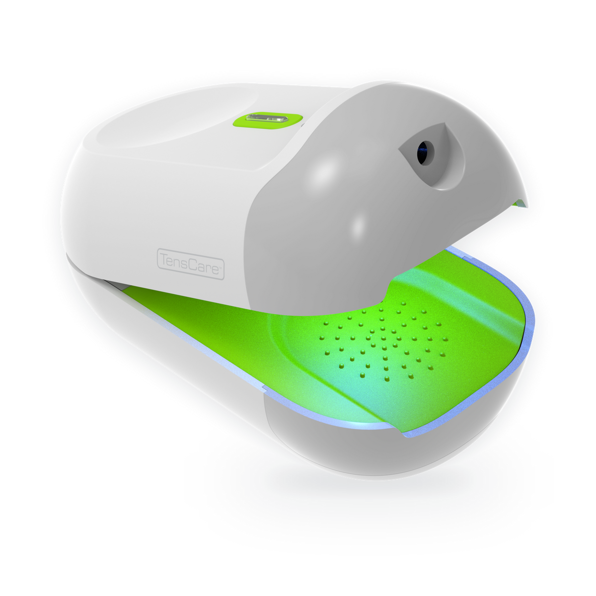 TensCare Nailit device open, showing its green treatment light