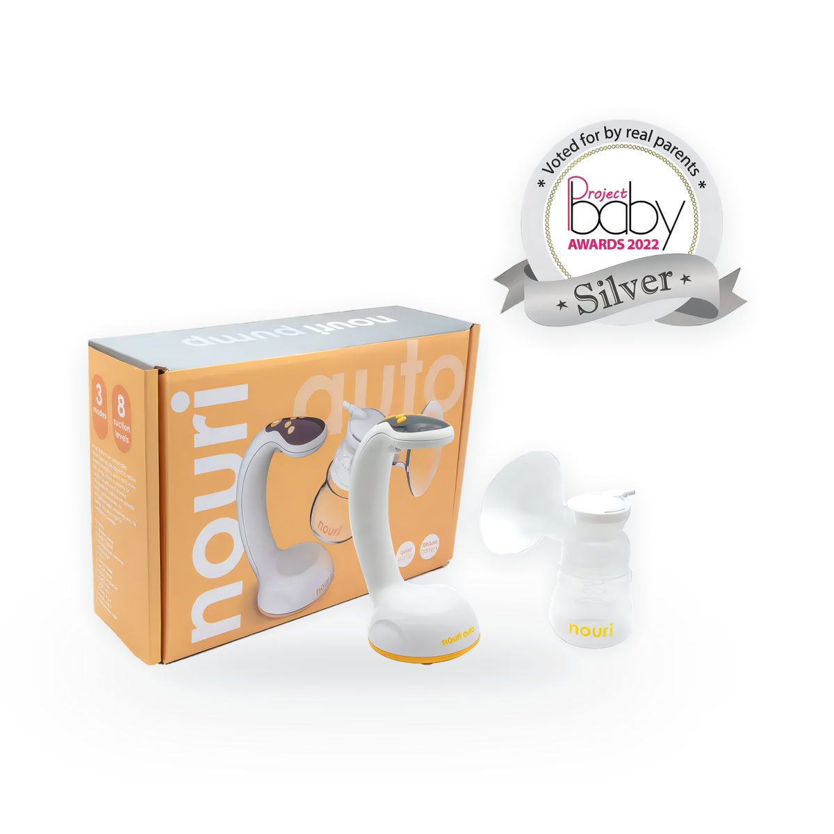 TensCare Nouri Auto electric breast pump with its retail box and Project Baby Awards 2022 silver medal
