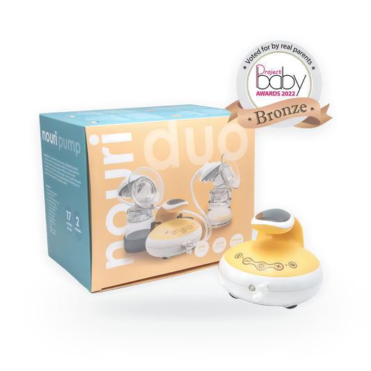 TensCare Nouri Duo double breast pump with its retail box and Project Baby Awards 2022 bronze medal