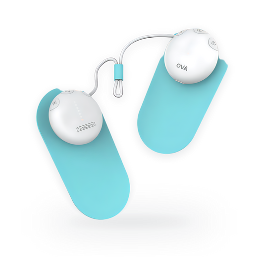 TensCare Ova 3 period pain relief device with its two connected pods and hydrogel pad