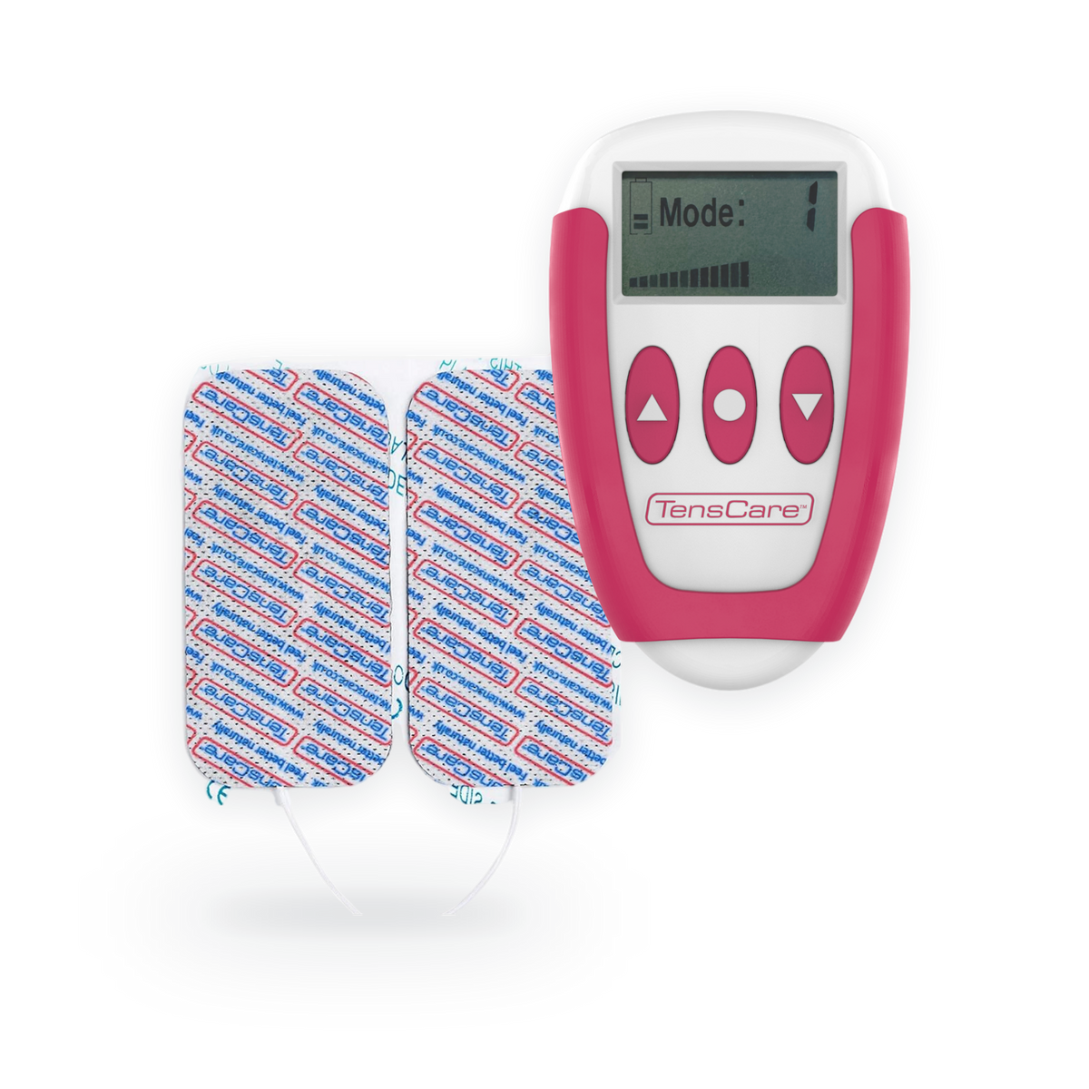 TensCare Ova+ period pain relief unit in pink and white with two electrode pads