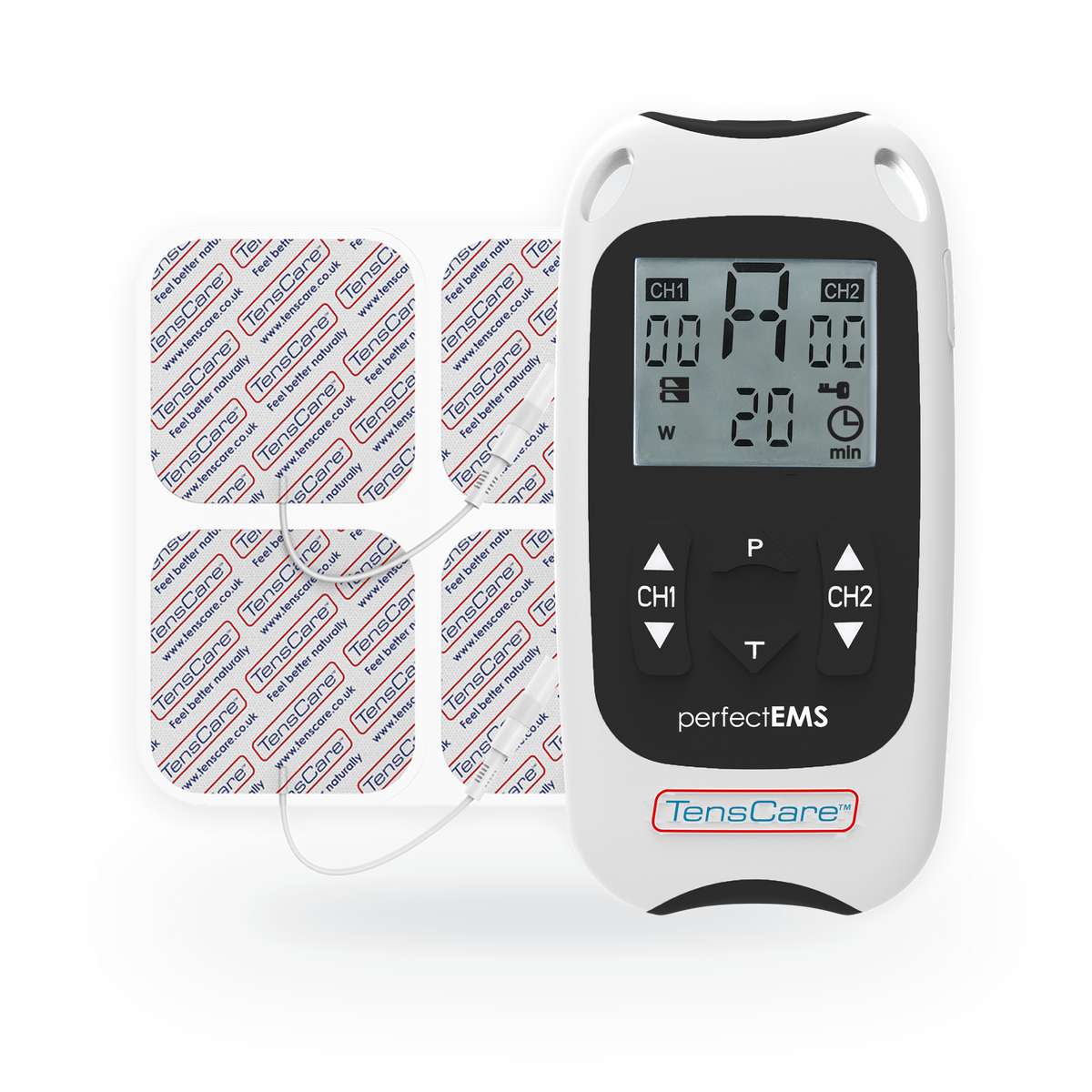 TensCare Perfect EMS muscle stimulator unit with four electrode pads