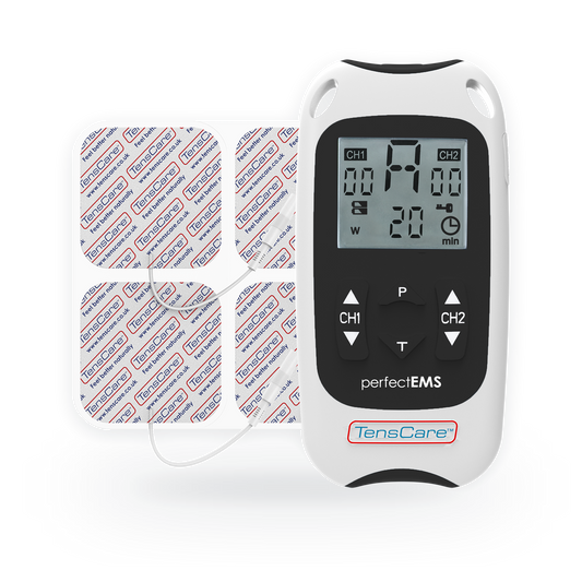TensCare Perfect EMS muscle stimulator unit with four electrode pads
