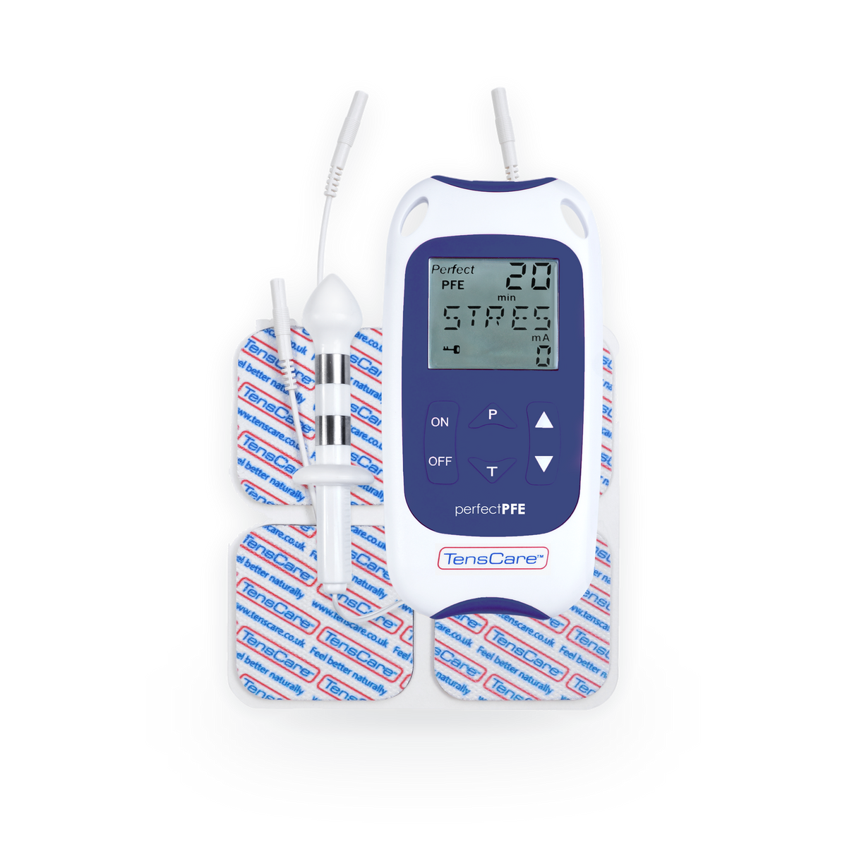 TensCare Perfect PFE pelvic floor exerciser for men with its probe and electrode pads