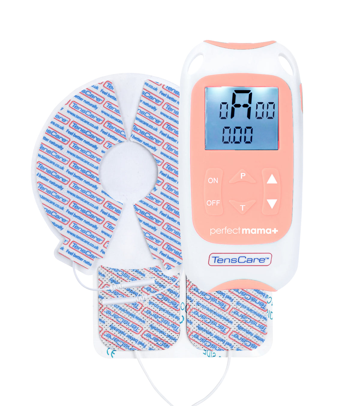 TensCare Perfect Mama+ unit with its maternity electrode pads, front view
