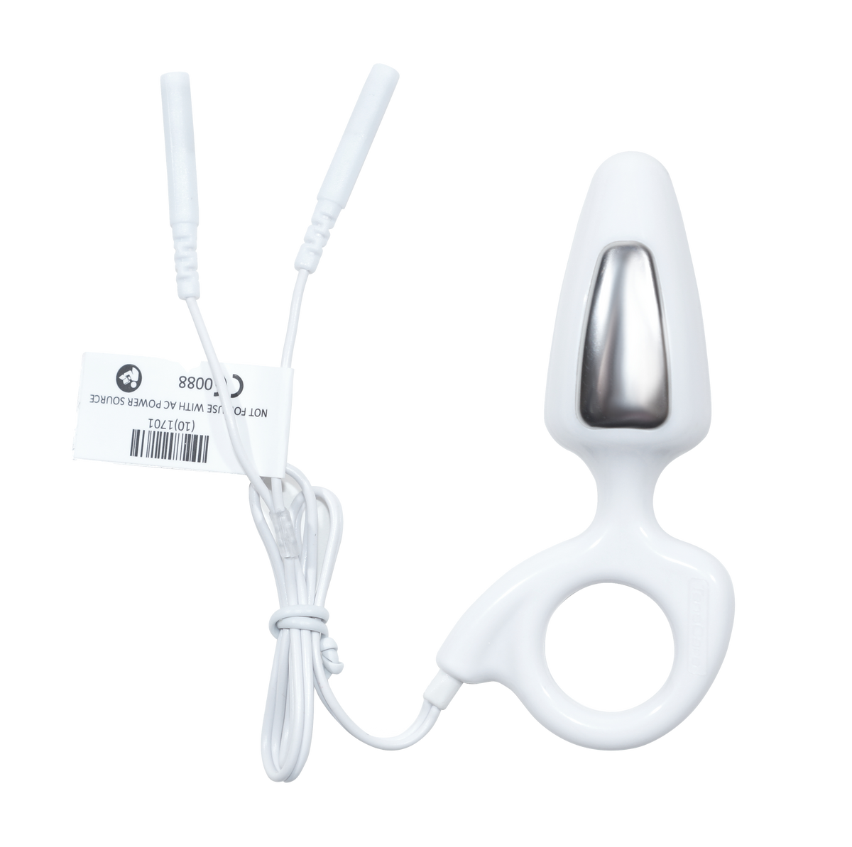 TensCare Liberty Mini probe with coiled lead and product tag on a black background
