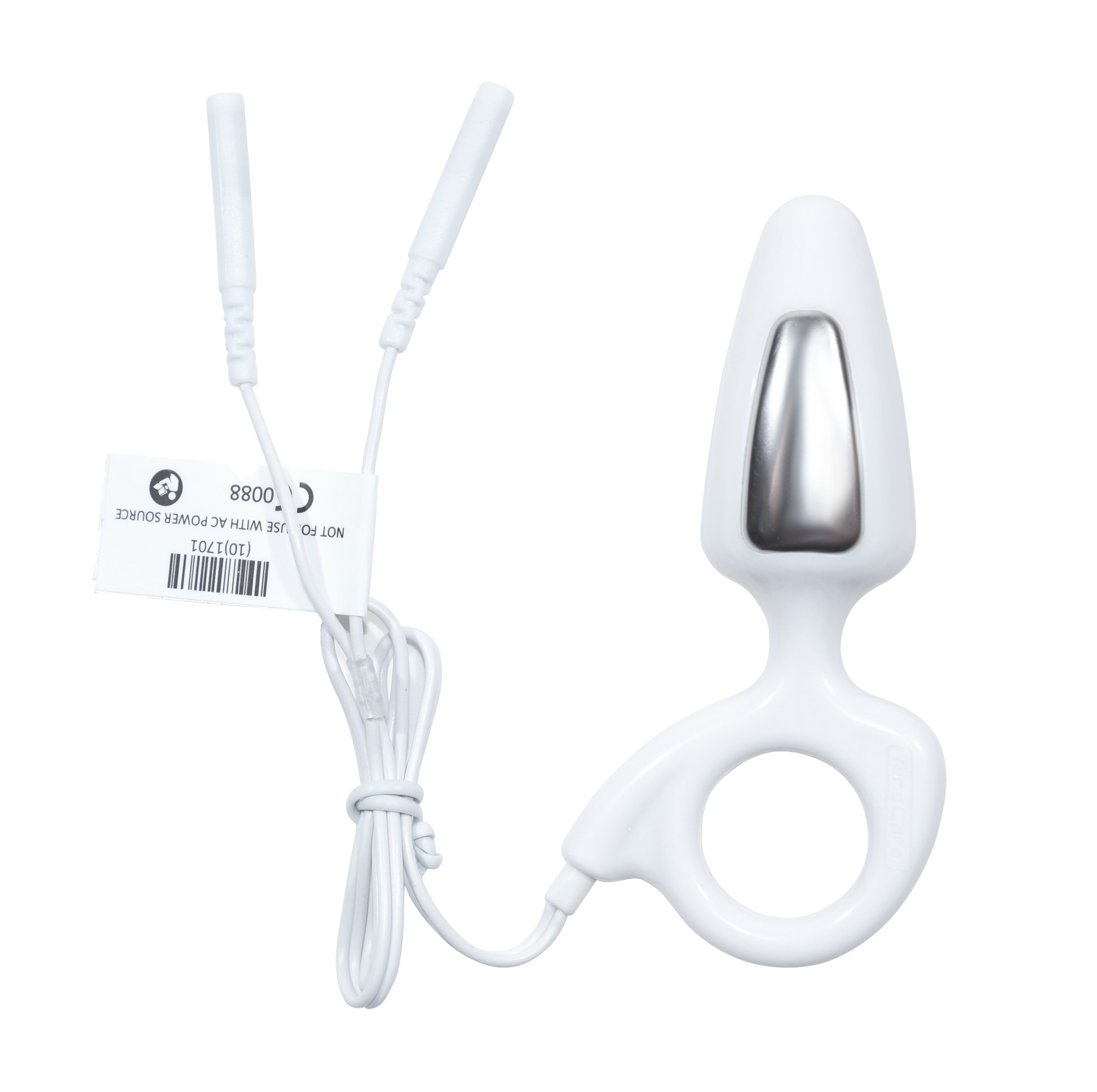 TensCare Liberty Mini probe with coiled lead and product tag on a black background