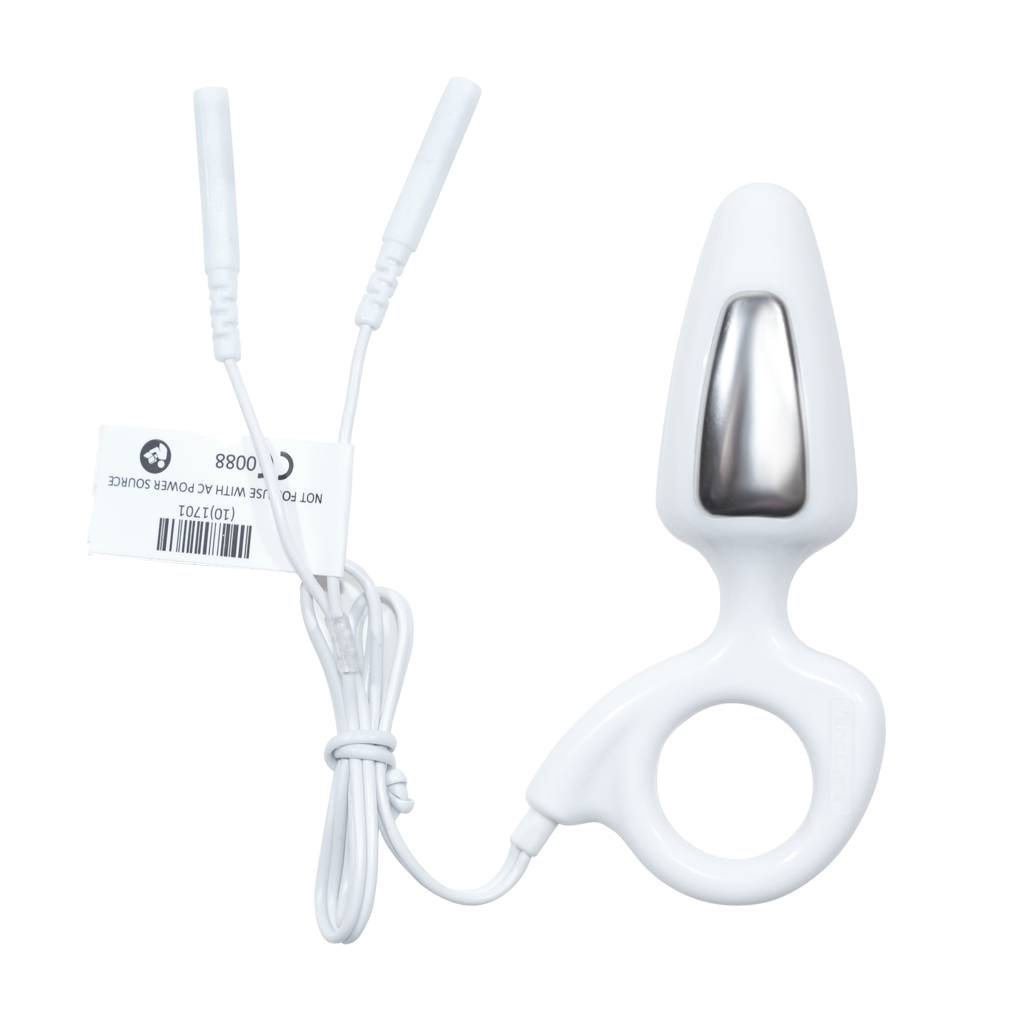 TensCare Liberty Mini probe with coiled lead and product tag on a black background