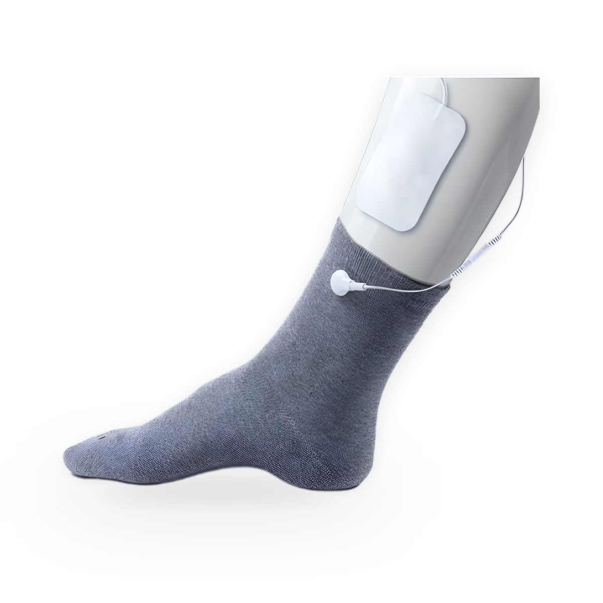 TensCare iSock conductive sock electrode worn on a foot with an electrode pad on the calf