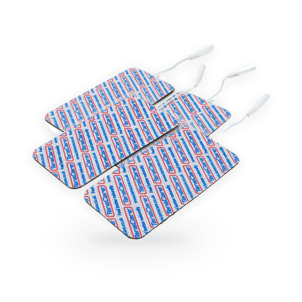 Four TensCare 50 x 90 mm electrode pads with lead wires, stacked