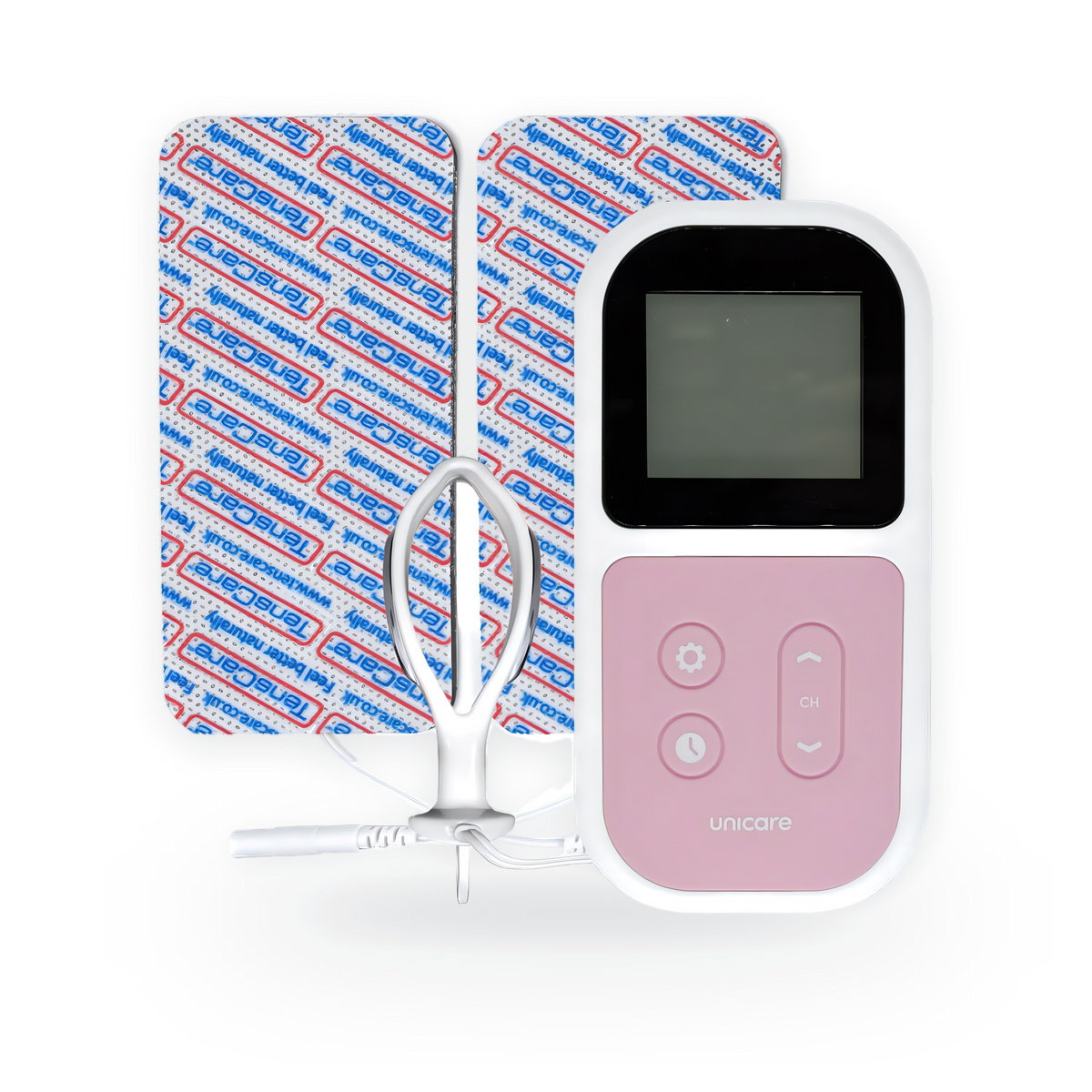 TensCare UniCare unit in pink and white with electrode pads and a vaginal probe